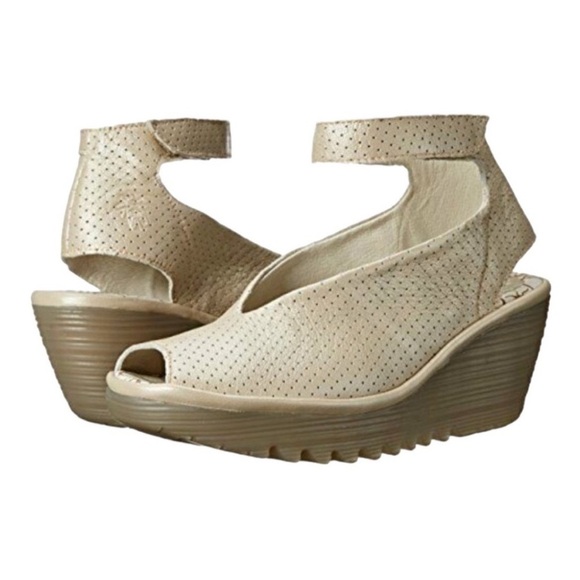 Fly London Shoes - Fly London Yala Leather Perforated Wedges Gold Shimmer Size 9.5